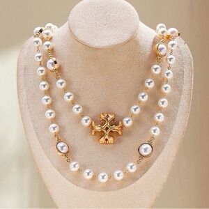 Tory Burch Elegant Gold and White Pearl Double-Strand Necklace NWT